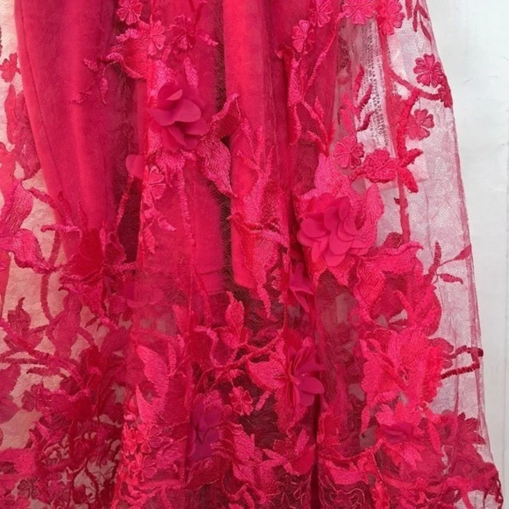 Dress The Population Audrey 3D Floral V-Neck Sleeveless Fuchsia‎ Pink Midi Dress